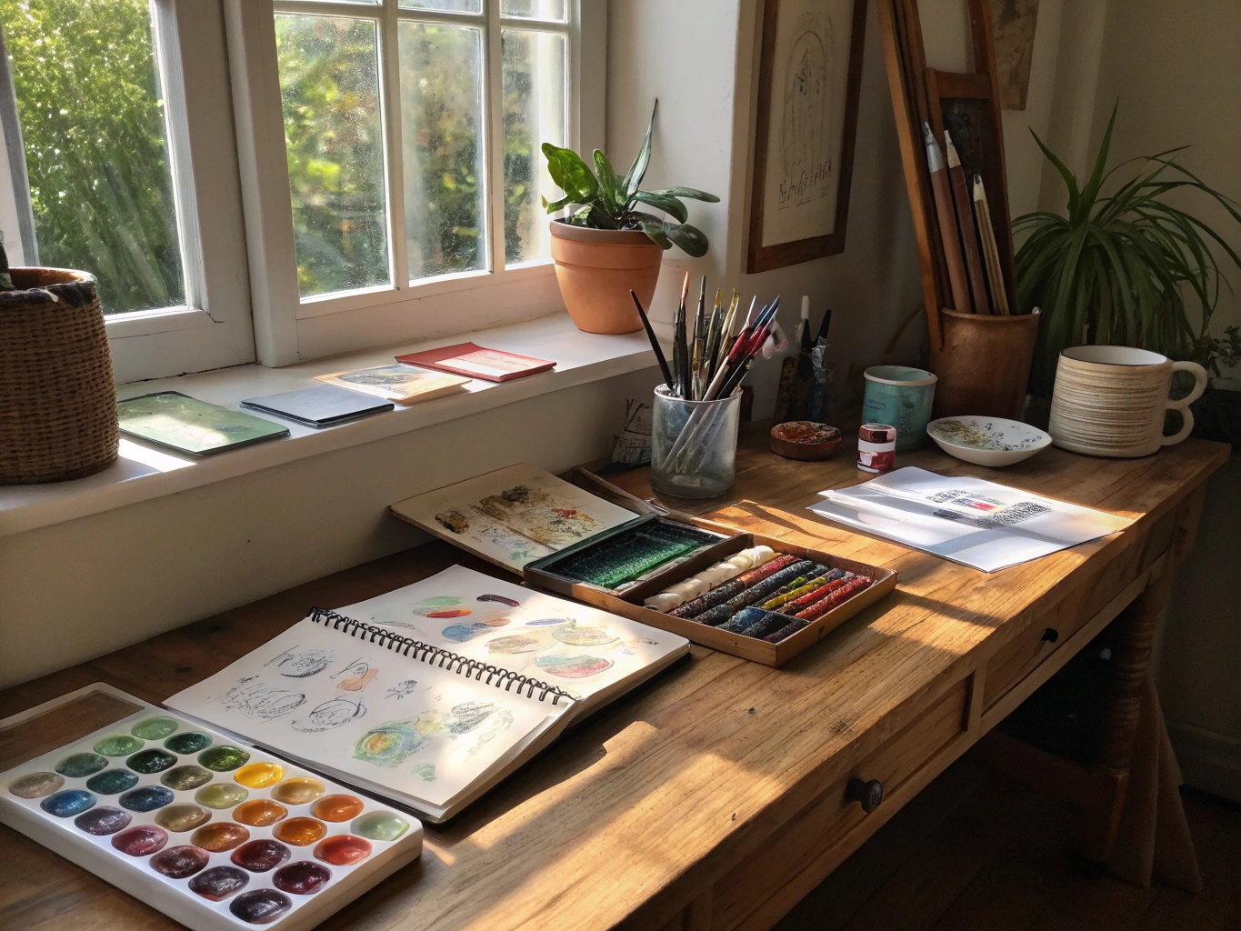 A vibrant, sunlit workspace filled with creative tools and organic textures