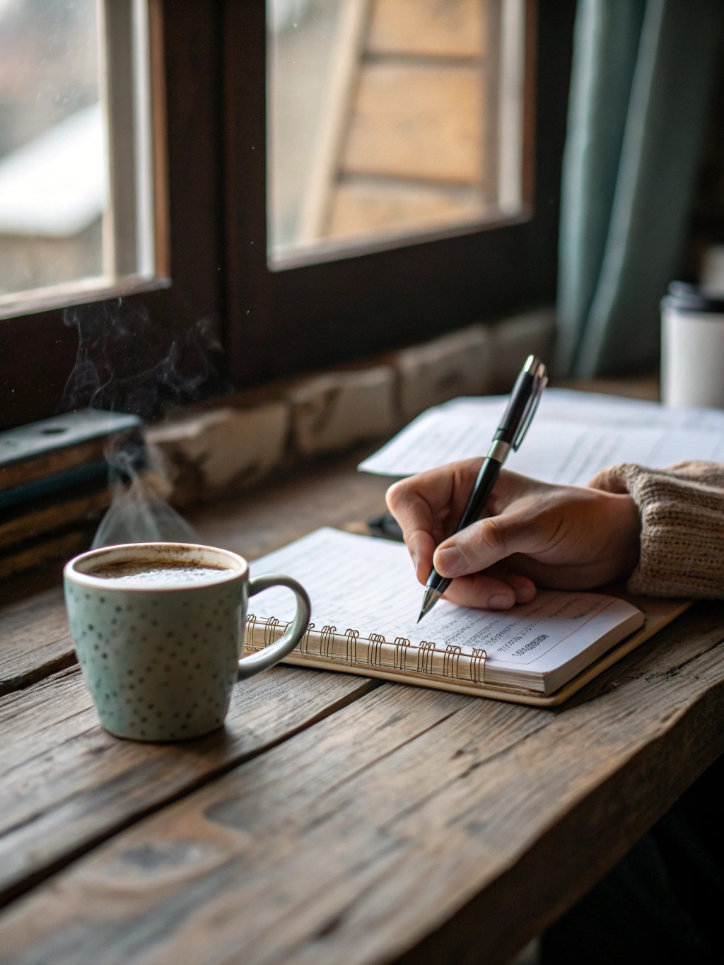 Close-up of hands sketching concepts in a textured paper notebook