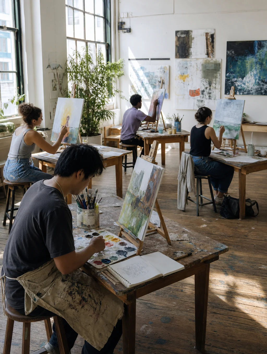 A bright studio space filled with creative tools and collaborative energy