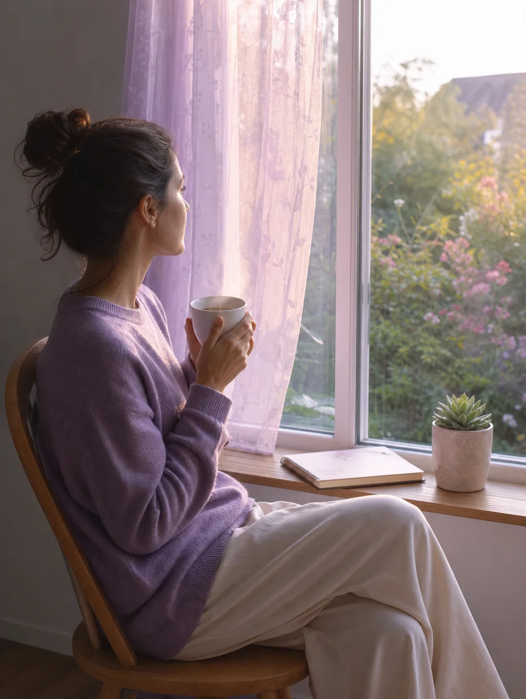 Individual reflecting on personal growth in a quiet, peaceful space