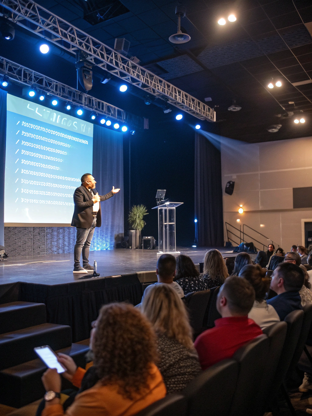 Inspirational speaker engaging with a curious audience in a warm studio