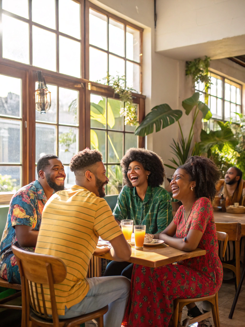 Candid shot of diverse individuals laughing and sharing stories in a sun-drenched community space