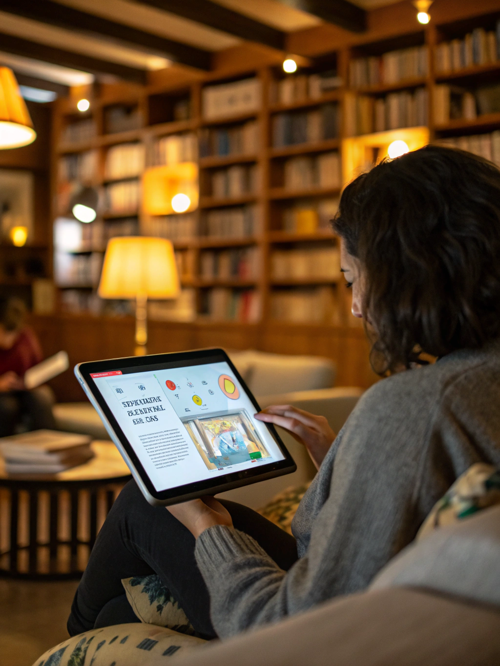Close-up of a person engaging with a digital learning interface on a tablet in a cozy, warm-toned room