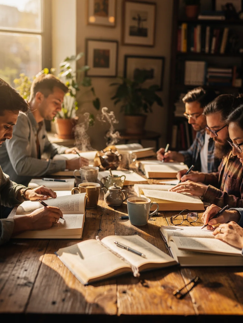 Warm-lit photograph of a small group collaborating around a wooden table with sketches and coffee