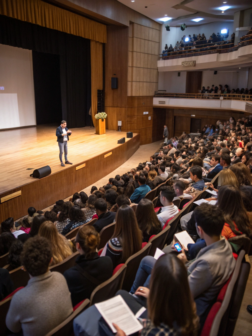 Wide shot of a vibrant, diverse audience listening intently at a large-scale creative summit