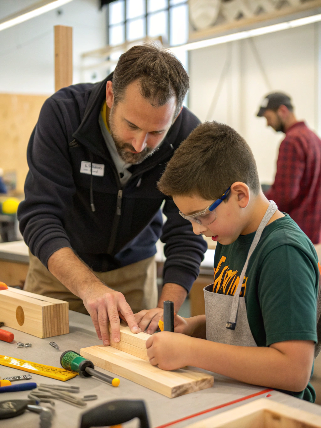 A mentor guiding a student through a creative project in a bright, welcoming workshop setting