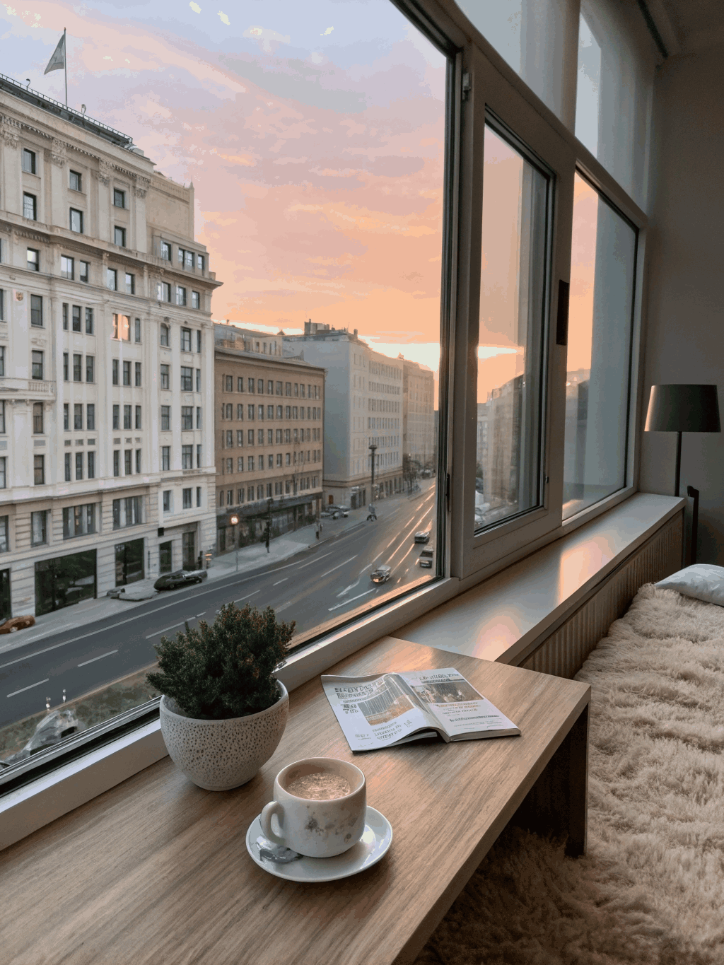 A person looking out a window at a sunrise, symbolizing new beginnings and creative potential